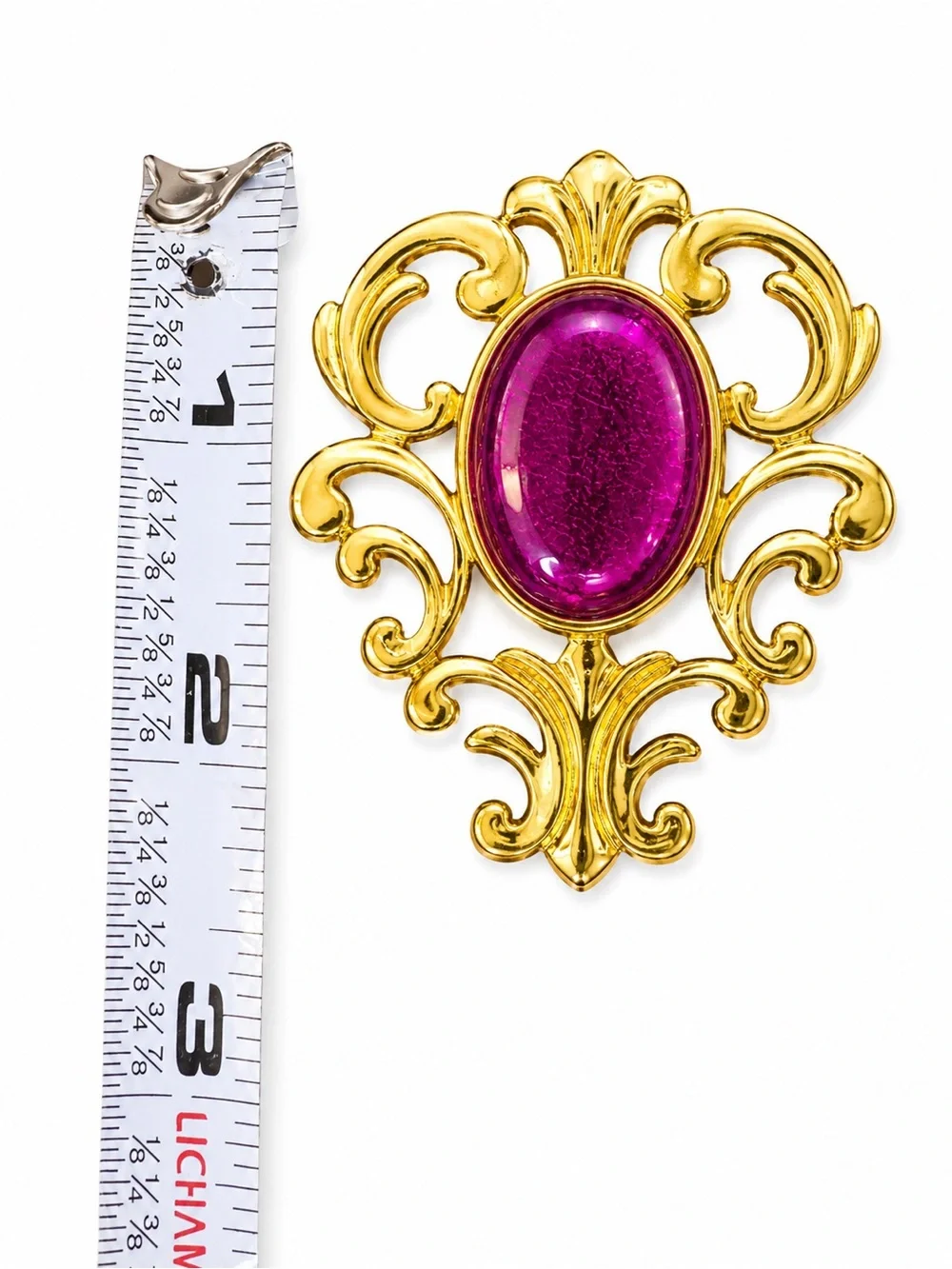Vintage Signed LR Gold Tone Brooch‎ Hot Pink Glass Cabochon Ornate Statement Pin